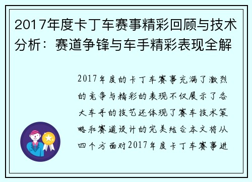 2017年度卡丁车赛事精彩回顾与技术分析：赛道争锋与车手精彩表现全解读